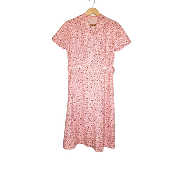 Broken Hearts Pink and Red Printed Vintage Short Sleeve Zip-Up House Dress - Picture 1 of 13